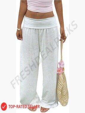 Wide Leg Fold Over Low Rise Linen Pants Casual Lounge Vacation Trousers